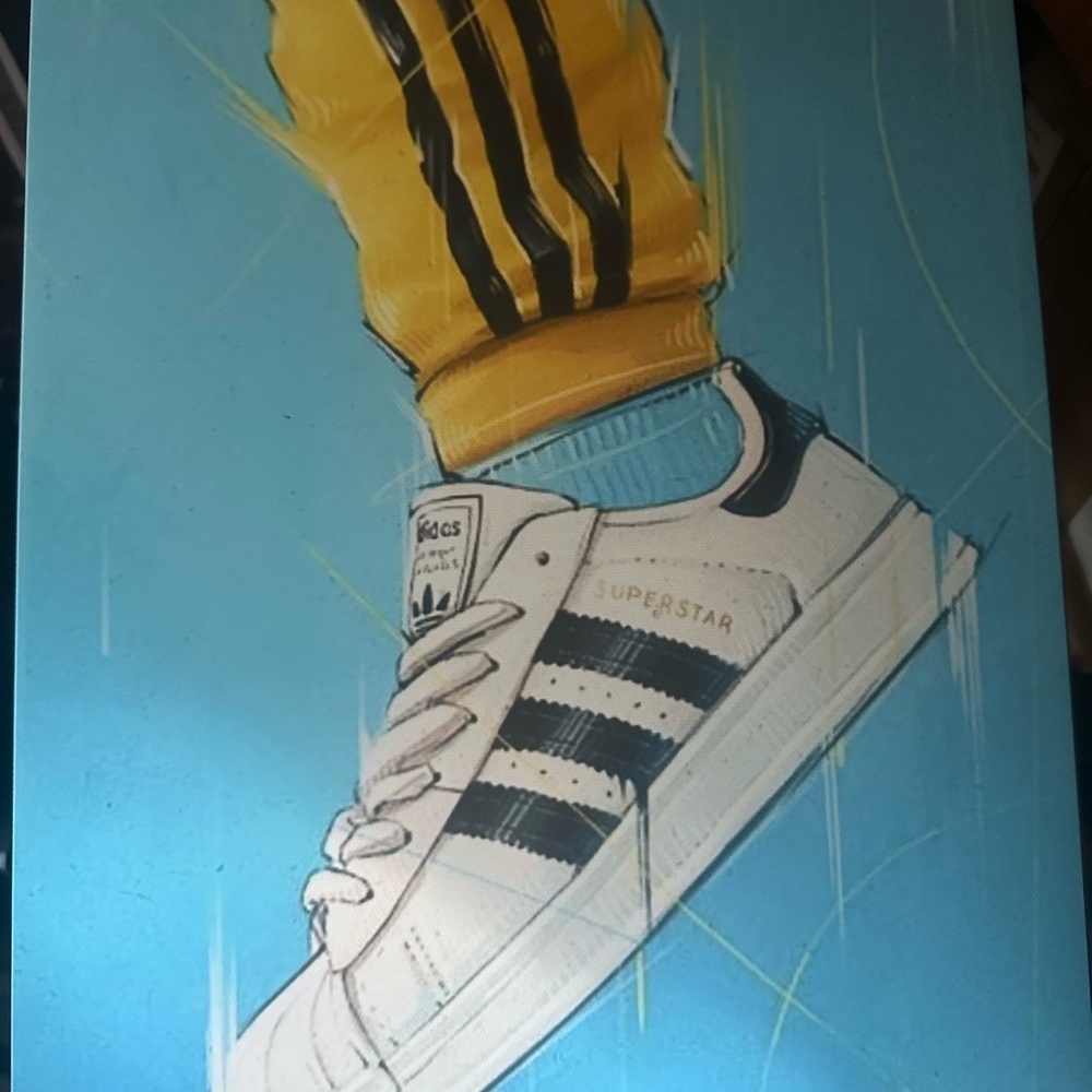 adidas White Sneaker Print with Black Stripes and Yellow Pant 11x14